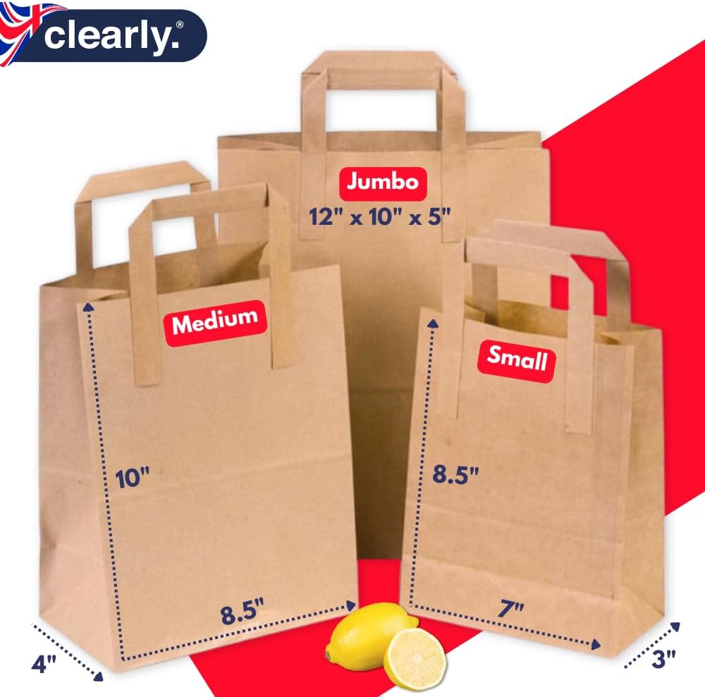 Brown Kraft Paper Bags with Handles | 10x8.5x4 Medium | 70 GSM -Thickness | SOS Takeaway