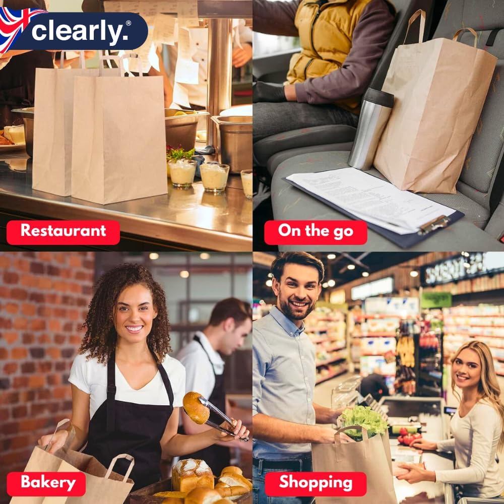 Brown Kraft Paper Bags with Handles | 10x8.5x4 Medium | 70 GSM -Thickness | SOS Takeaway
